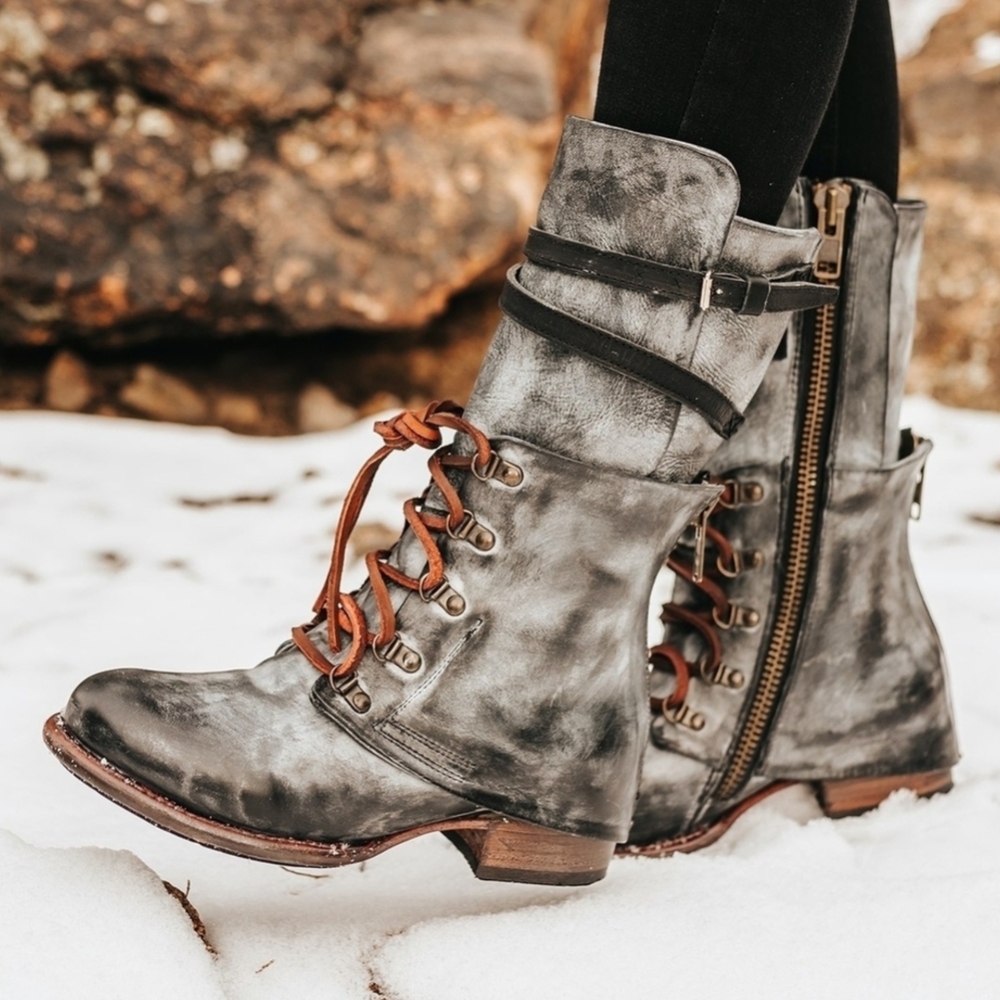~SOLD~ FREEBIRD by Steven RAVI Distressed Leather Combat Boots Gray Black